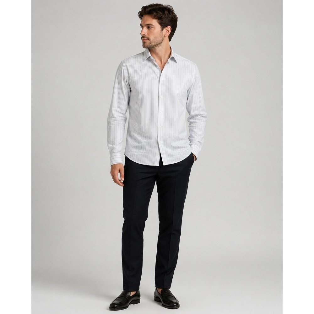 Lacoste Slim Fit Striped Button Down Shirt Mens 42 White Grey Long Sleeve